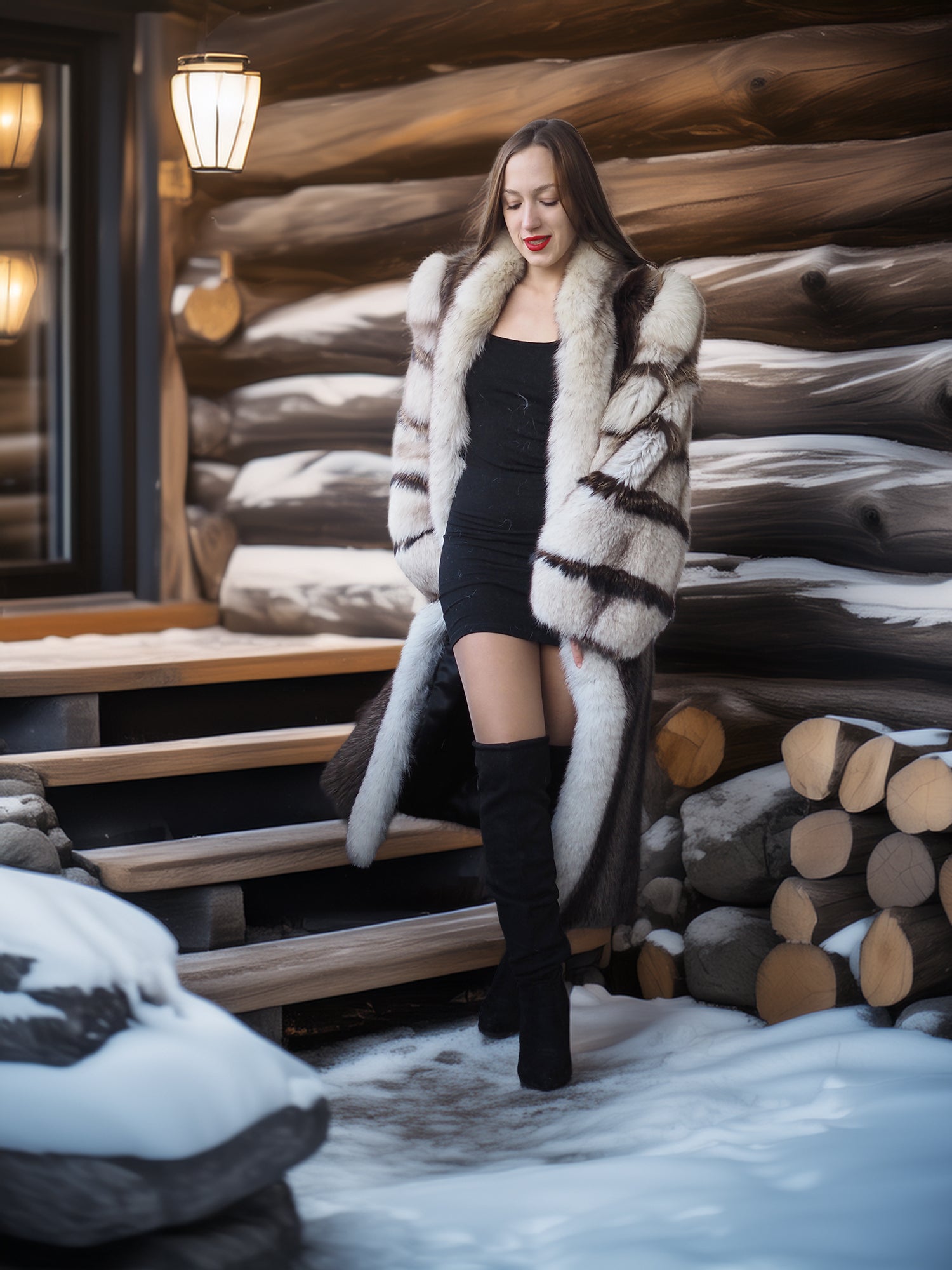 Woman in a fur coat standing in front of a wooden cabin with snow on the ground.