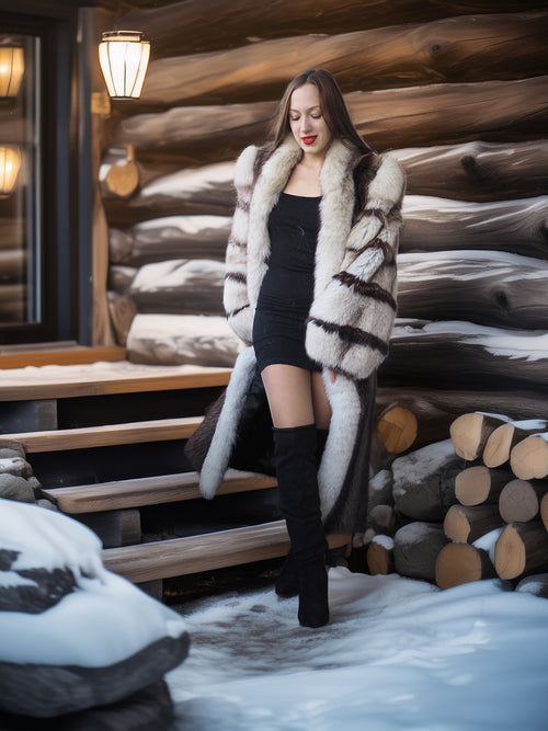 Woman in a fur coat standing in front of a wooden cabin with snow on the ground.