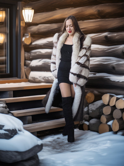 Woman in a fur coat standing in front of a wooden cabin with snow on the ground.