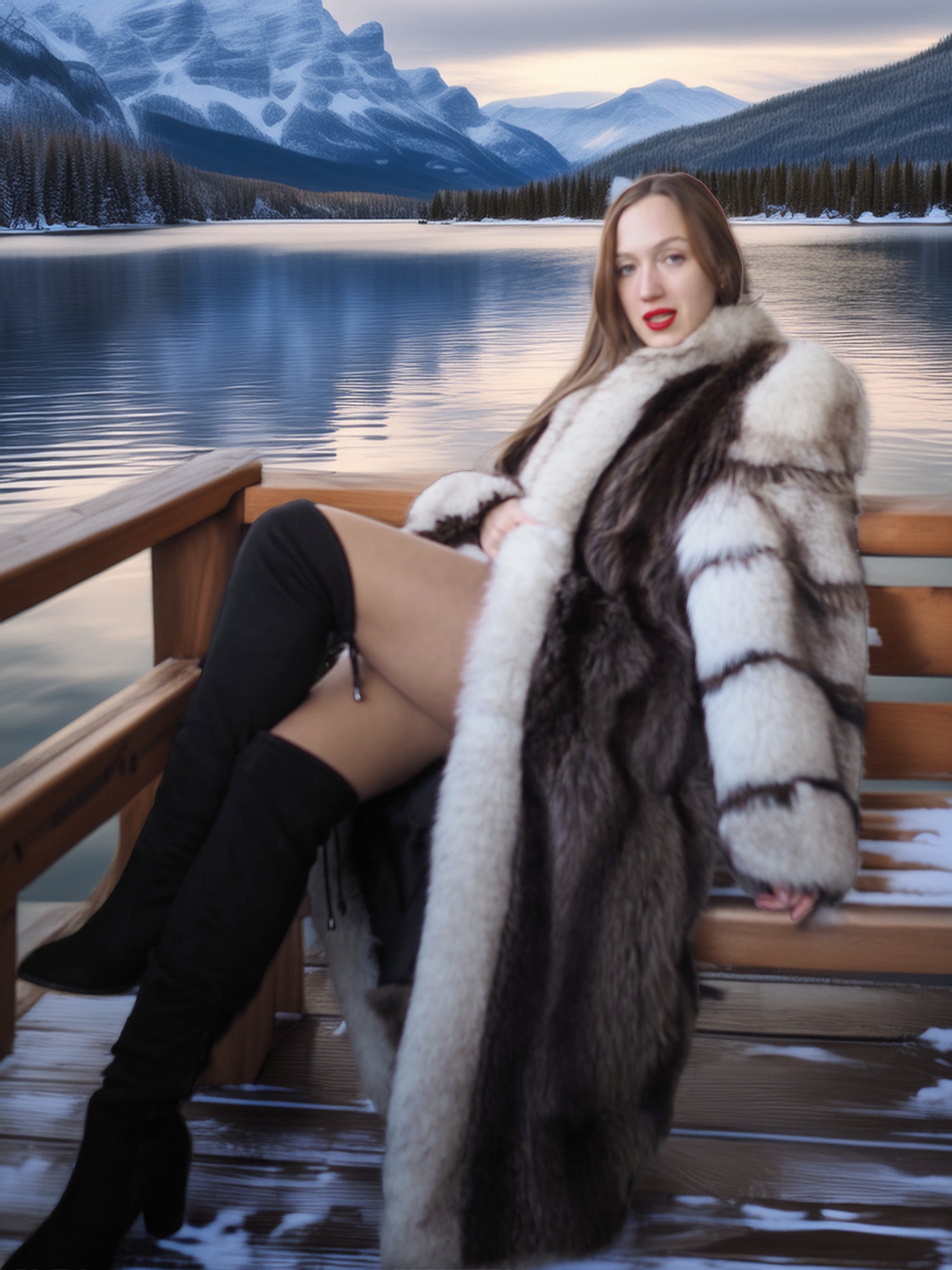 Woman in a fur coat sitting on a wooden bench by a lake with mountains in the background