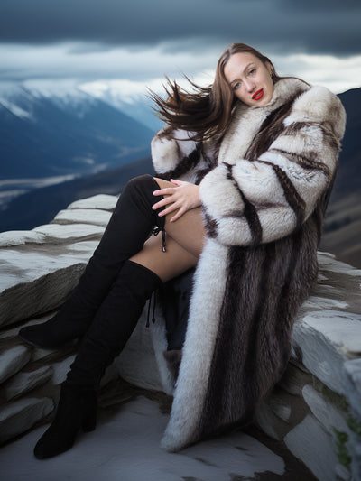 Woman in a fur coat sitting on a mountain with snow-capped peaks in the background
