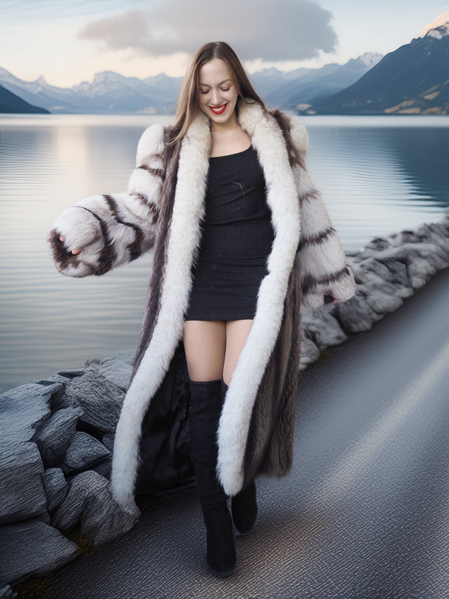 Woman in a fur coat standing by a lake with mountains in the background