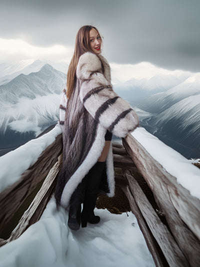 Woman in a fur coat standing on a snowy mountain ledge with a scenic view.