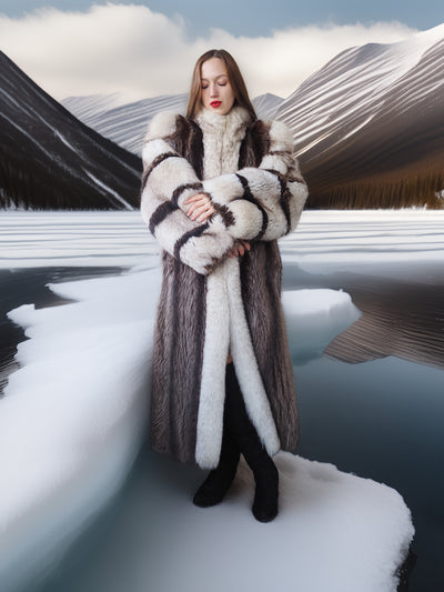 Woman in a fur coat standing on a snowy landscape with mountains in the background