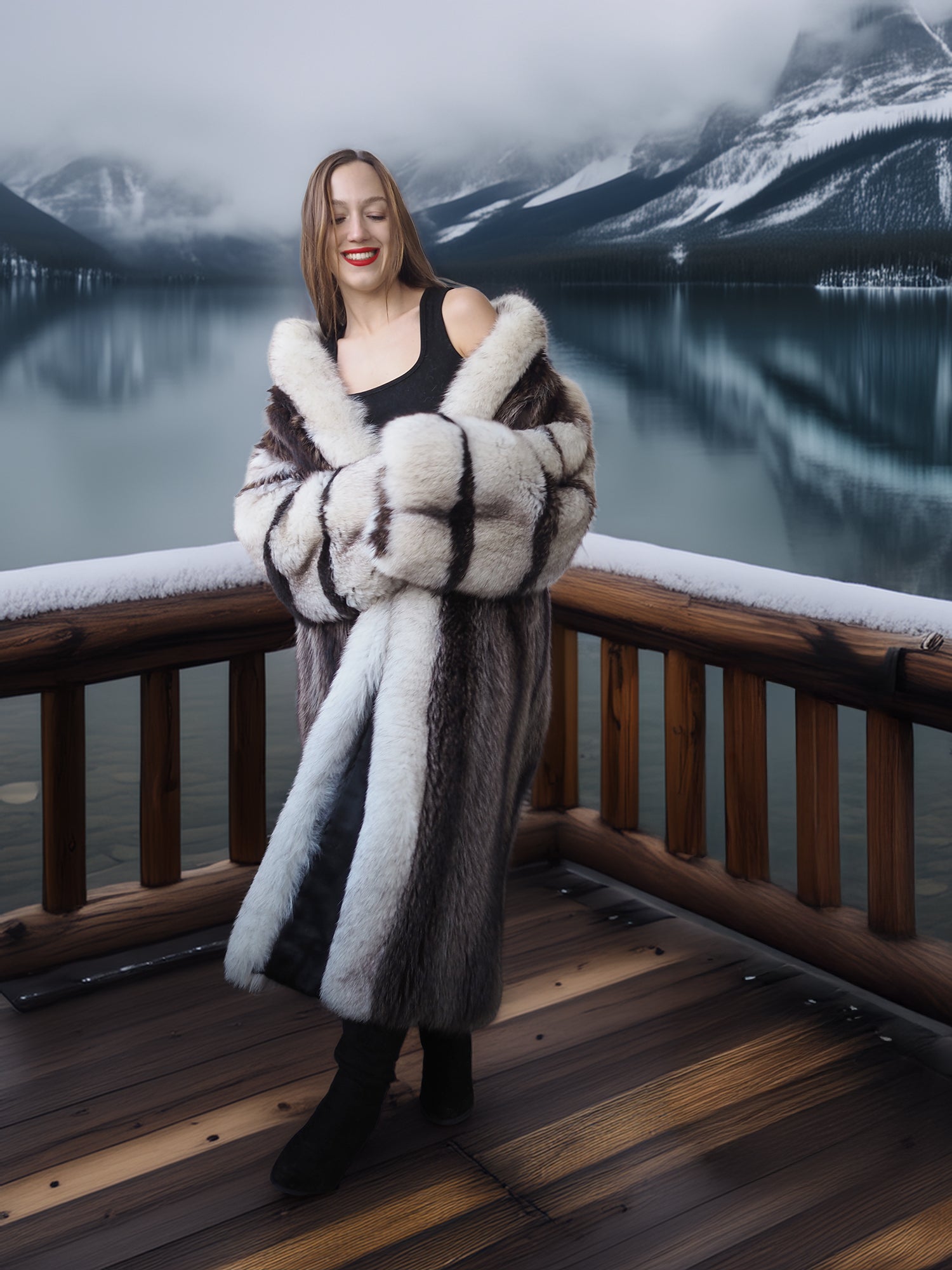 Woman in a fur coat standing on a wooden deck with a mountain and lake background