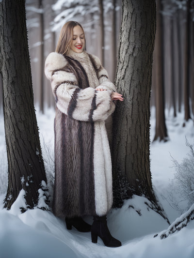 Woman in a fur coat standing in a snowy forest