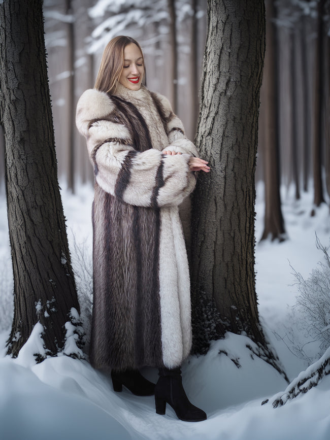 Woman in a fur coat standing in a snowy forest