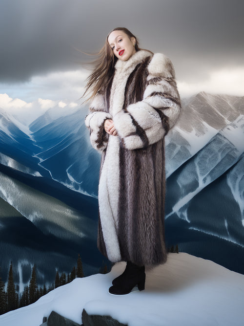 Woman in a fur coat standing on a snowy mountain with a mountainous background