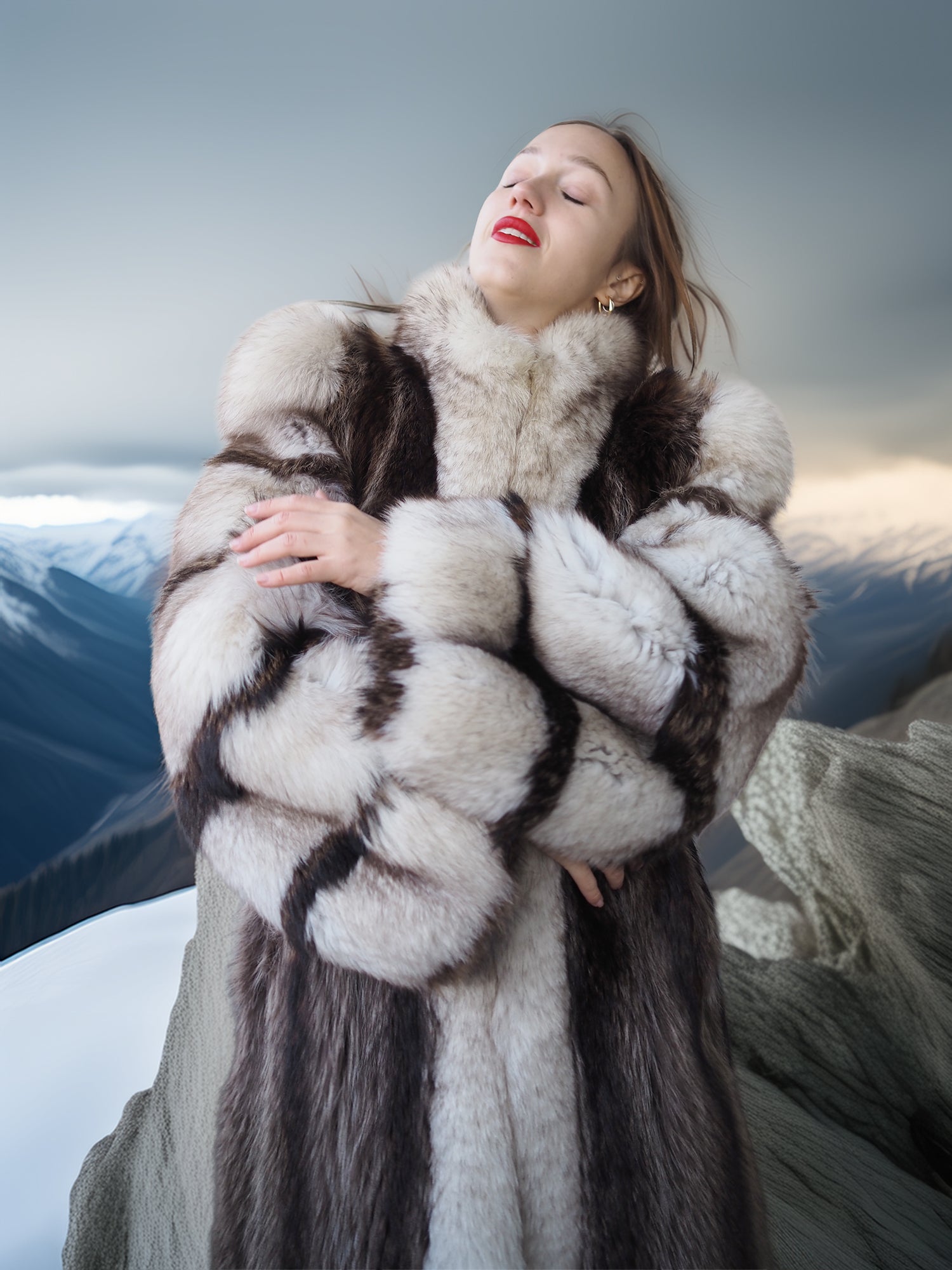 Woman wearing a fur coat with a mountainous background