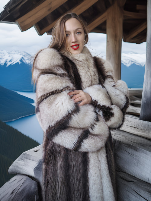 Woman wearing a fur coat with a mountainous landscape in the background