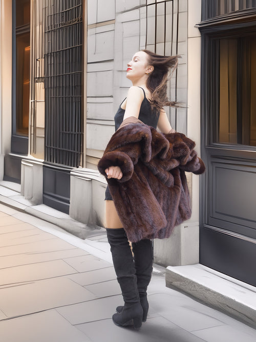 Vintage mink fur coat worn open, revealing satin lining and capturing timeless elegance in winter fashion.