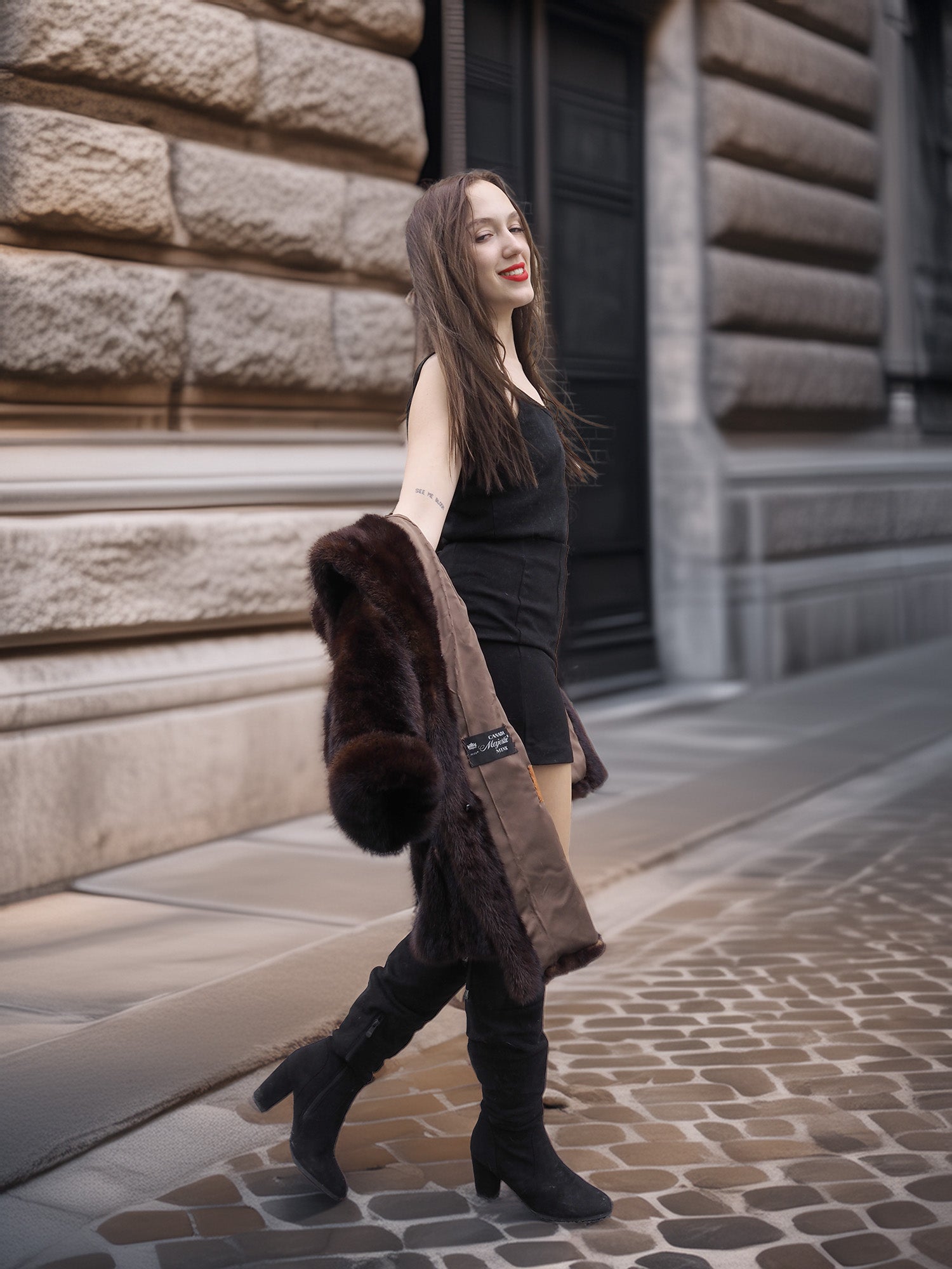 Model walking in open mink coat, revealing interior label and satin lining for a touch of vintage authenticity.