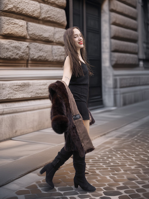 Model walking in open mink coat, revealing interior label and satin lining for a touch of vintage authenticity.