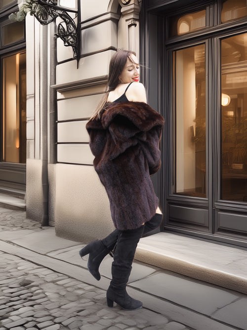 Elegant antique mink fur coat draped off-shoulder, showcasing luxurious brown mink texture and classic glamour appeal.
