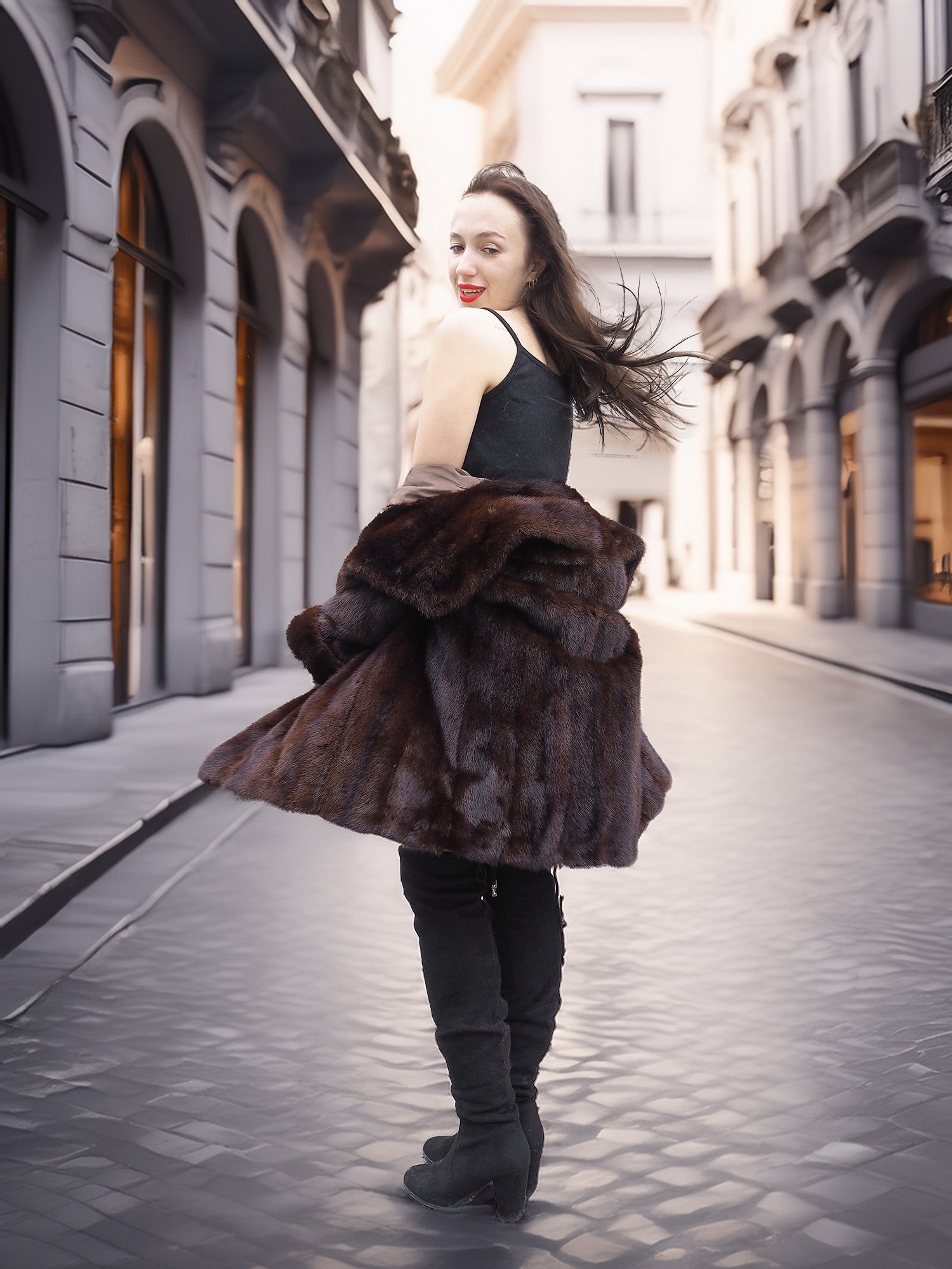 Twirl-ready mink coat in rich brown, styled with thigh-high boots for a playful yet elegant winter look.