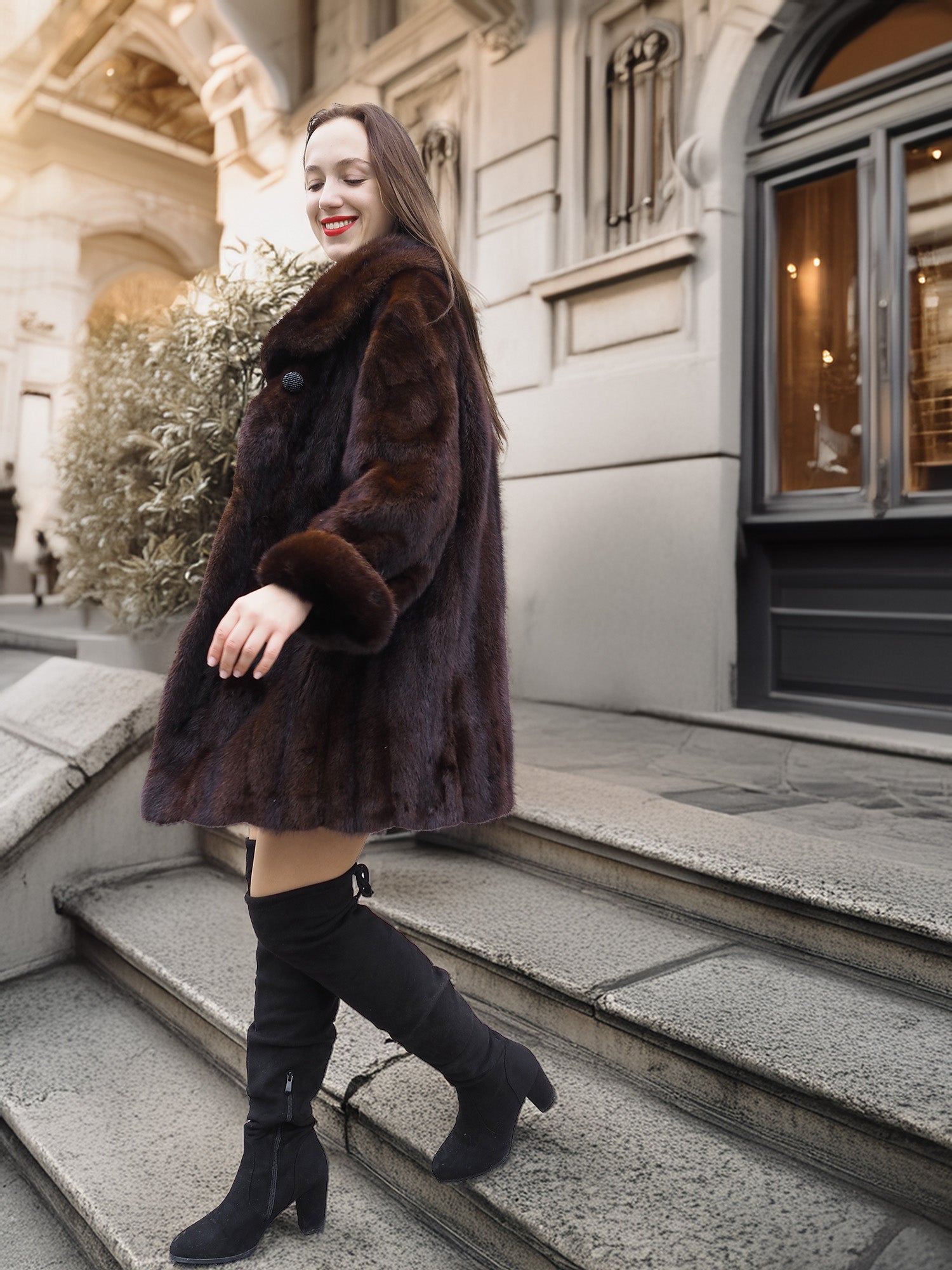 Model descending stairs in vintage mink coat, showcasing its classic silhouette and luxurious fur details.