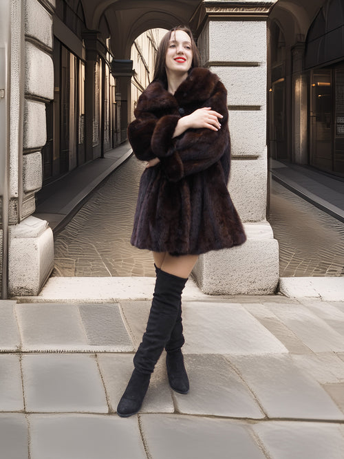 Model standing confidently in Majestic Opera Mink coat, highlighting its voluminous cut and natural fur finish.