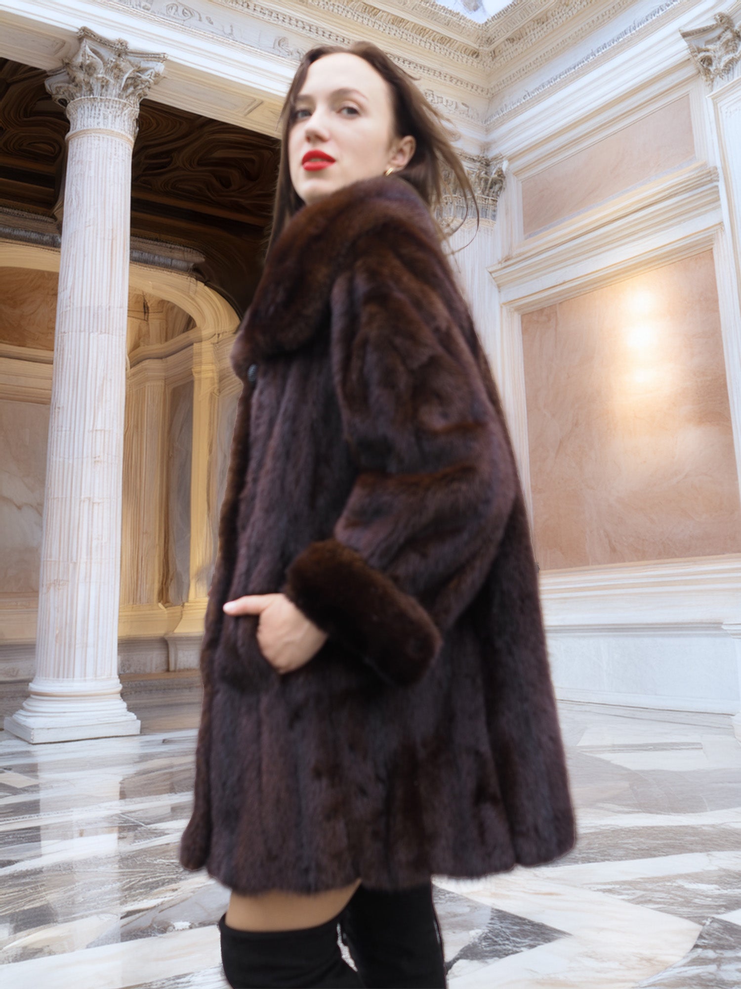 Majestic Opera Mink coat styled in a grand hall, emphasizing its rich texture and timeless vintage elegance.