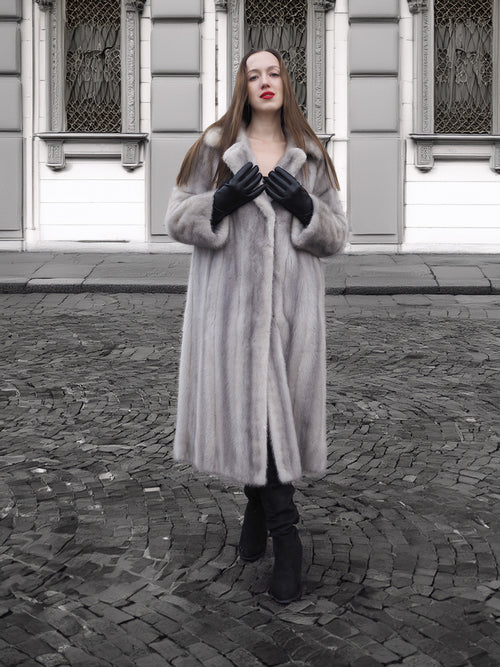 Sapphire Grey Mink Fur Coat S/M Excellent displayed in a front view. Elegant fur coat with plush texture, ideal for upscale winter outerwear collections.