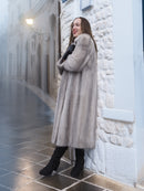 Sapphire Grey Mink Fur Coat S/M Excellent styled against a white stone wall. Elegant fur coat for sophisticated winter fashion and timeless layering.
