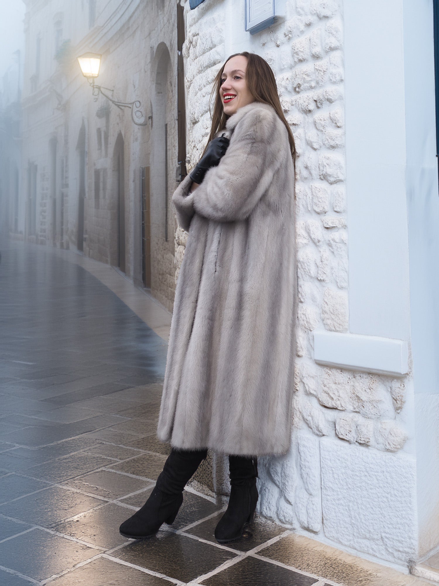 Sapphire Grey Mink Fur Coat S/M Excellent styled against a white stone wall. Elegant fur coat for sophisticated winter fashion and timeless layering.