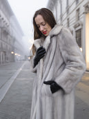 Sapphire Grey Mink Fur Coat S/M Excellent with close-up of collar. Soft mink texture and refined design for upscale cold-weather outerwear.