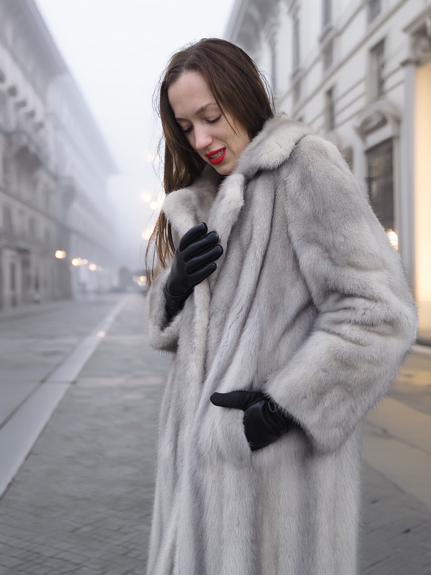 Sapphire Grey Mink Fur Coat S/M Excellent with close-up of collar. Soft mink texture and refined design for upscale cold-weather outerwear.