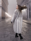 Sapphire Grey Mink Fur Coat S/M Excellent shown from the back. Flowing mink fur with natural sheen, ideal for luxury outerwear collections.