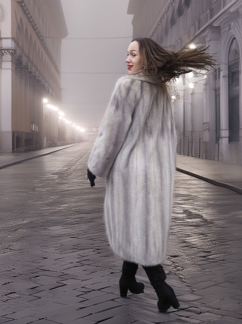 Sapphire Grey Mink Fur Coat S/M Excellent shown from the back. Flowing mink fur with natural sheen, ideal for luxury outerwear collections.