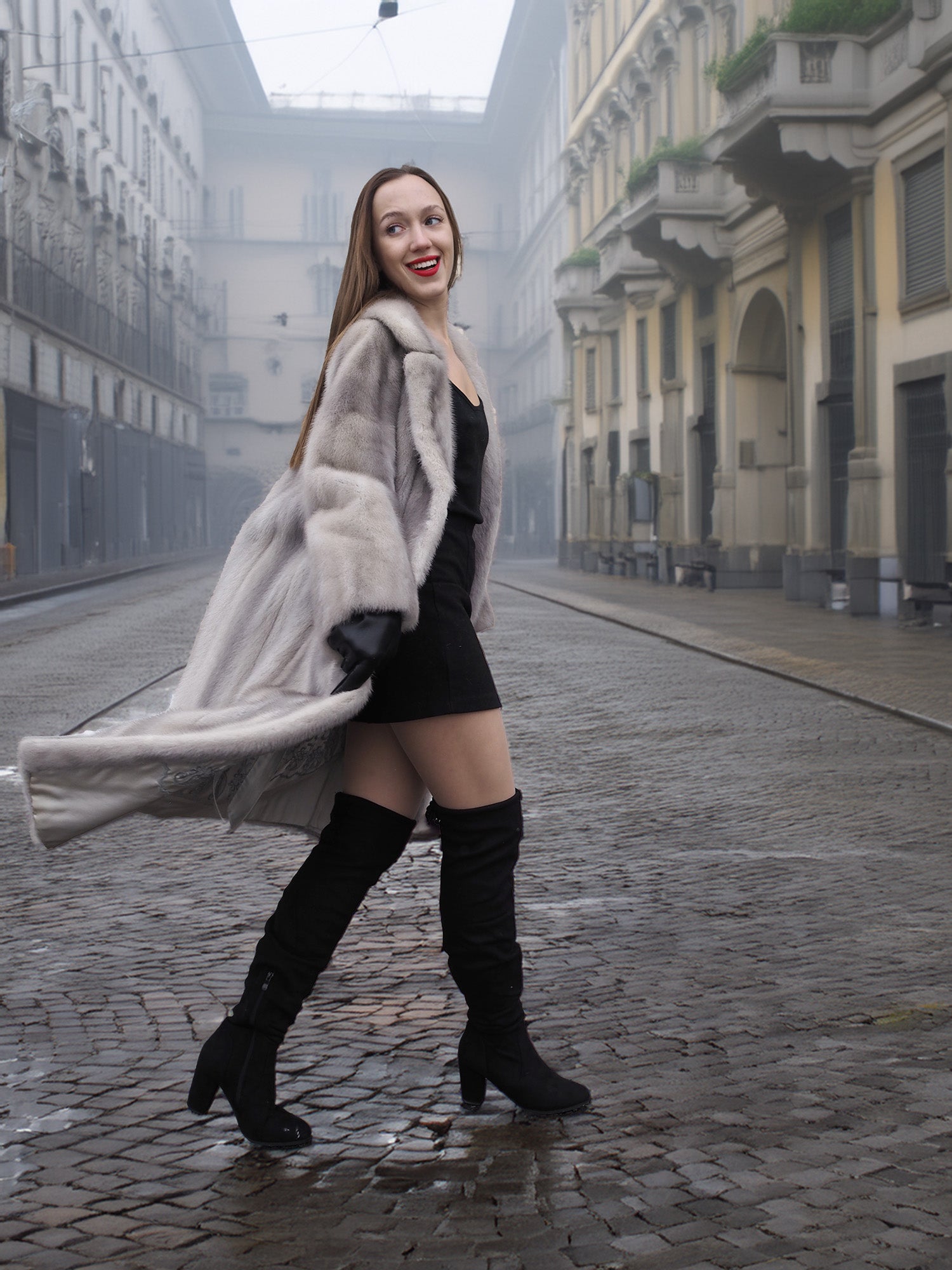 Sapphire Grey Mink Fur Coat S/M Excellent paired with black outfit. Elegant fur fashion with flowing silhouette and sustainable luxury appeal.