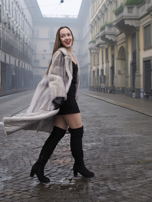 Sapphire Grey Mink Fur Coat S/M Excellent paired with black outfit. Elegant fur fashion with flowing silhouette and sustainable luxury appeal.
