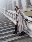 Sapphire Grey Mink Fur Coat S/M Excellent styled on stairs. Full-length mink coat with timeless design for elegant winter outerwear collections.
