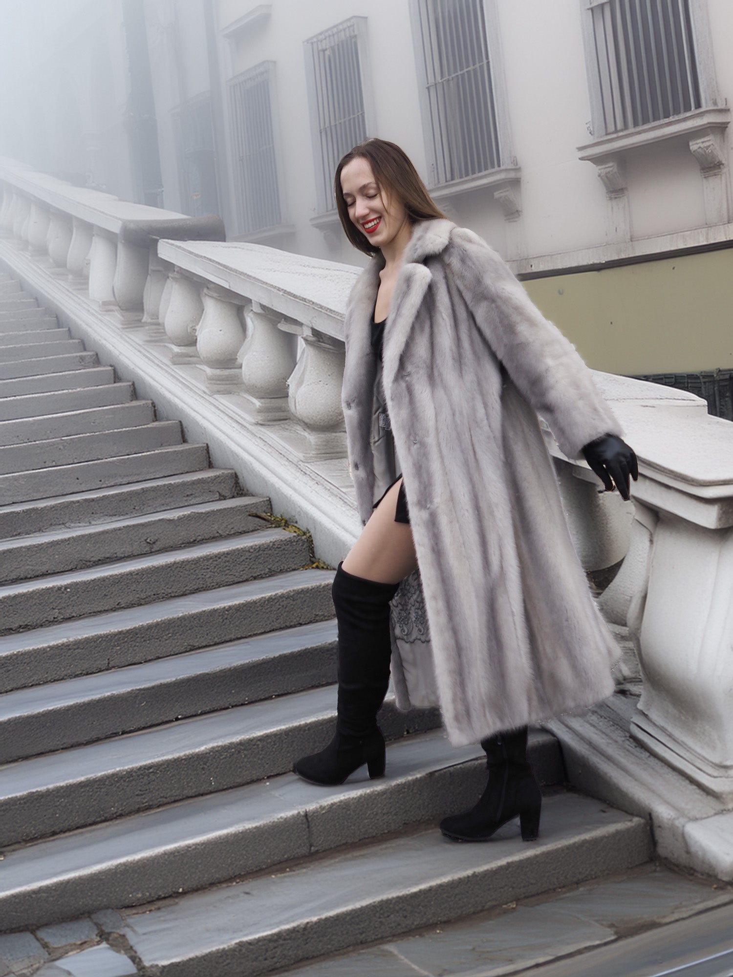Sapphire Grey Mink Fur Coat S/M Excellent styled on stairs. Full-length mink coat with timeless design for elegant winter outerwear collections.