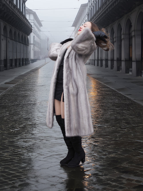 Sapphire Grey Mink Fur Coat S/M Excellent in a joyful pose. Luxurious fur coat with soft pastel tones and vintage-inspired winter fashion.
