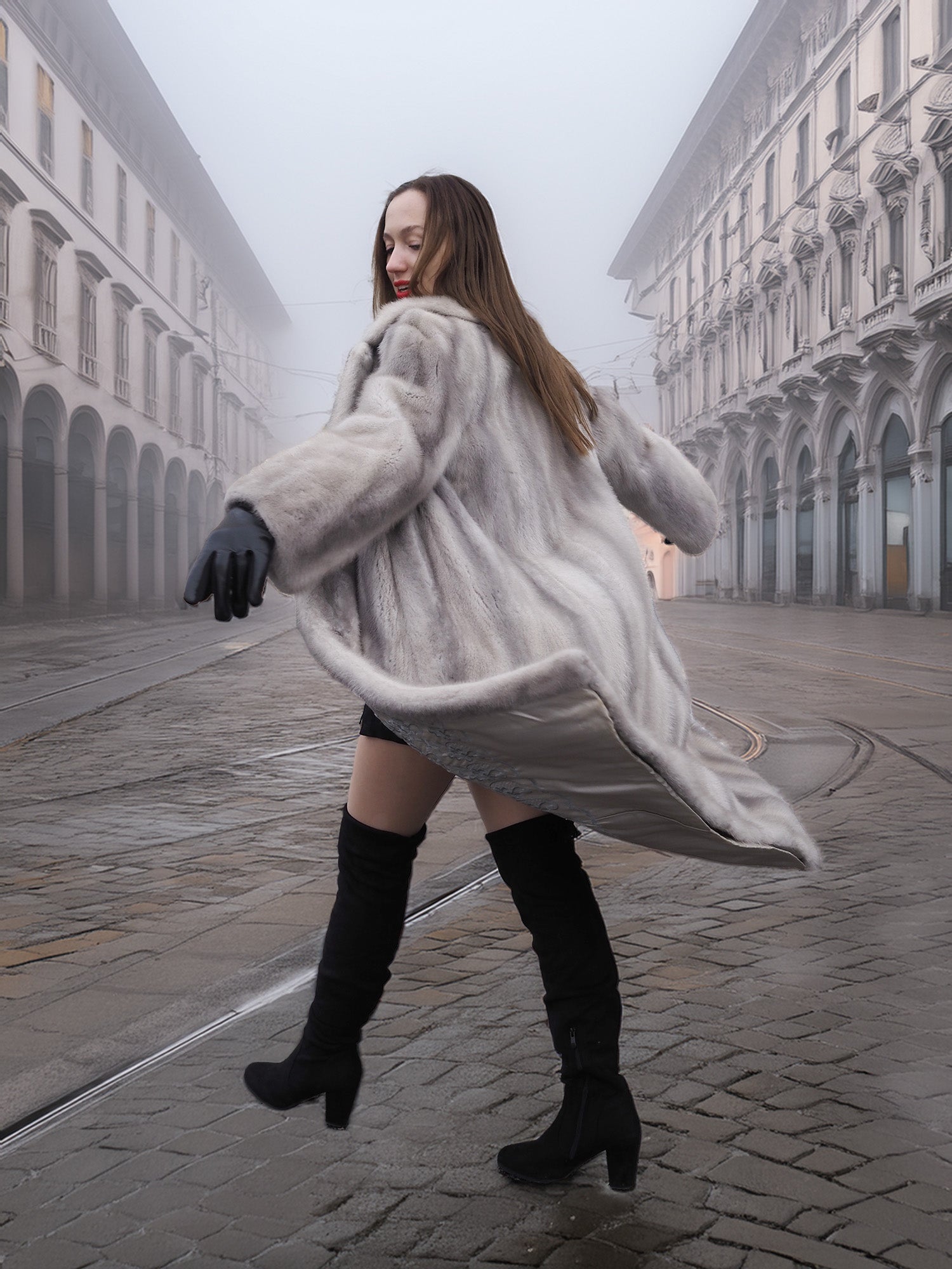 Sapphire Grey Mink Fur Coat S/M Excellent twirling in the street. Elegant fur outerwear with graceful movement and sustainable fashion appeal.