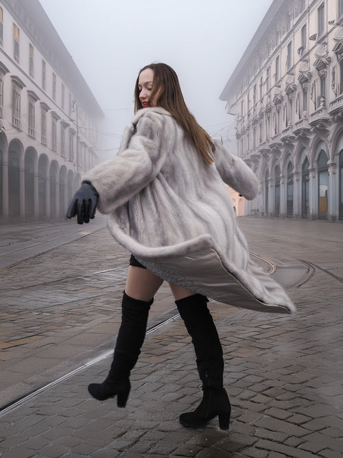 Sapphire Grey Mink Fur Coat S/M Excellent twirling in the street. Elegant fur outerwear with graceful movement and sustainable fashion appeal.