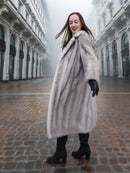 Sapphire Grey Mink Fur Coat S/M Excellent styled in a foggy plaza. Full-length mink coat with classic tailoring and luxurious winter warmth.