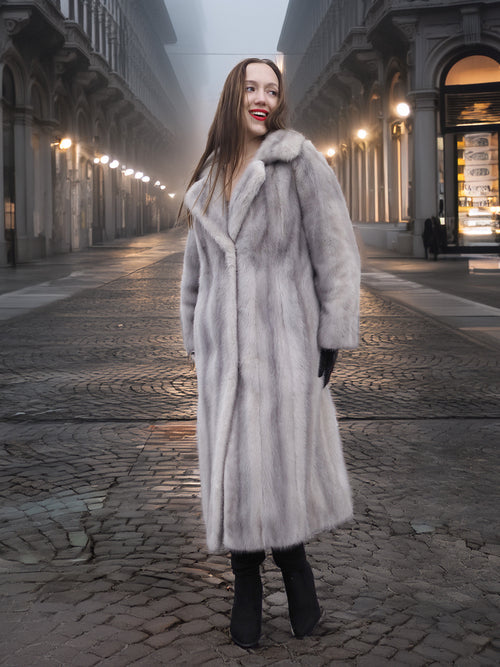 Sapphire Grey Mink Fur Coat S/M Excellent worn in a lit city street. Elegant fur fashion with timeless design and premium craftsmanship.