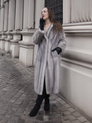 Sapphire Grey Mink Fur Coat S/M Excellent styled with black gloves and boots. Timeless fur fashion for cold-weather elegance and luxury appeal.