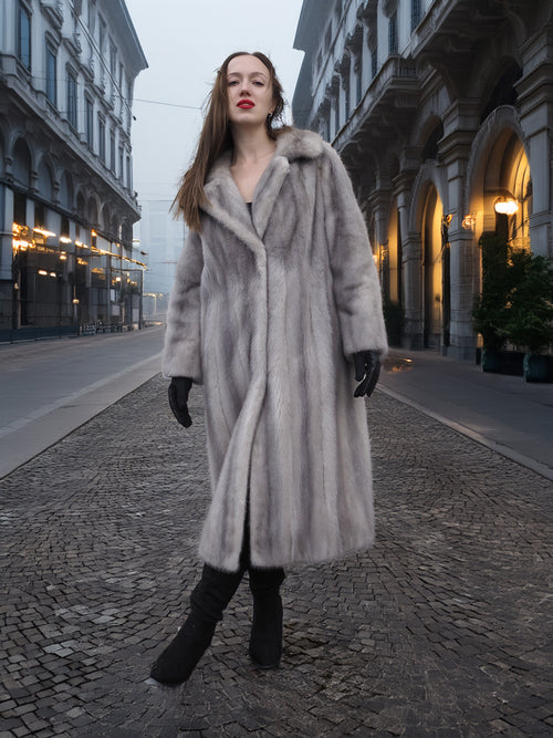 Sapphire Grey Mink Fur Coat S/M Excellent worn in a cityscape. Premium mink outerwear offering warmth and sophistication for winter fashion lovers.