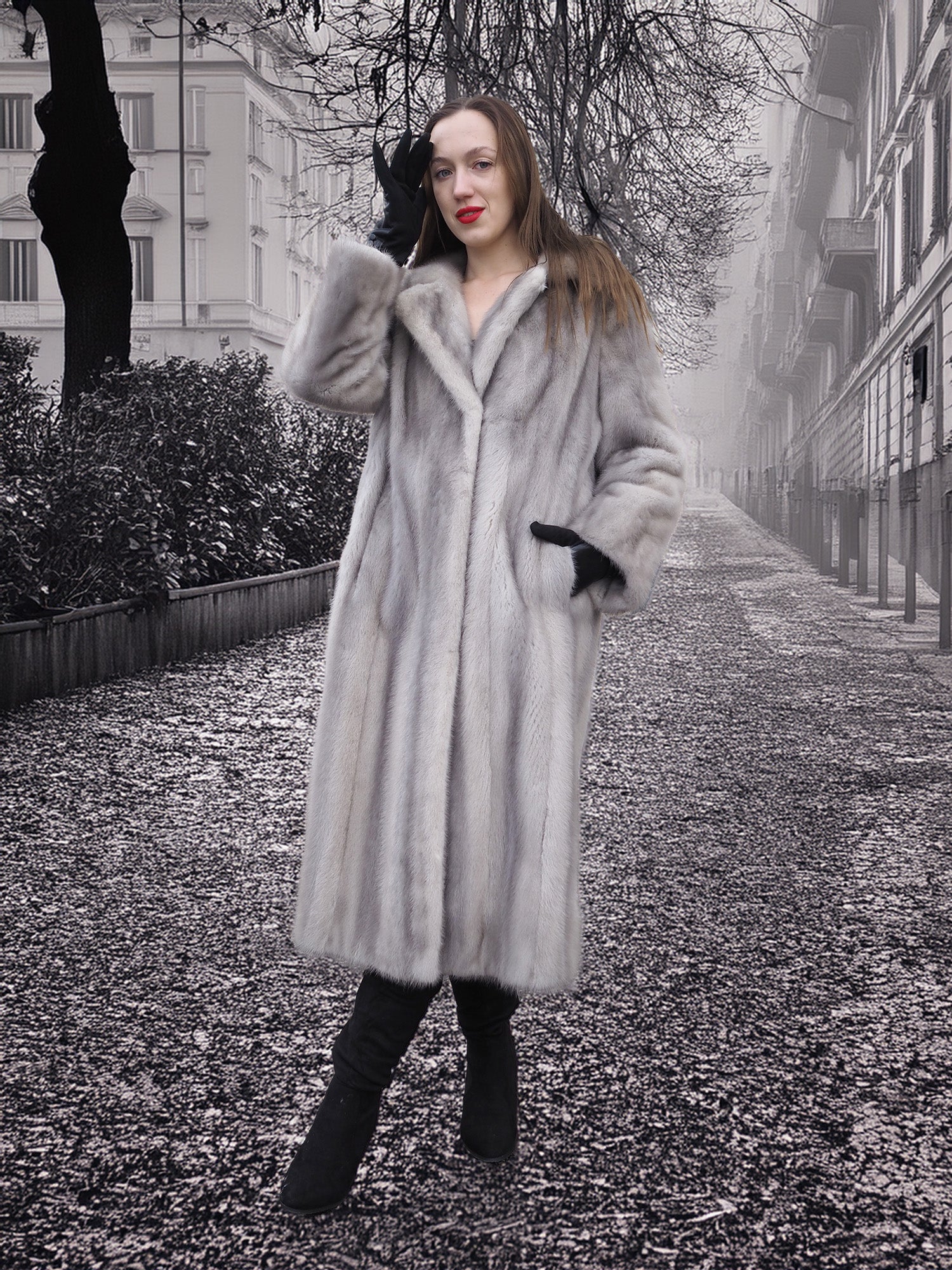 Sapphire Grey Mink Fur Coat S/M Excellent featured in a misty urban setting. Full-length fur coat exudes vintage charm and sustainable luxury.