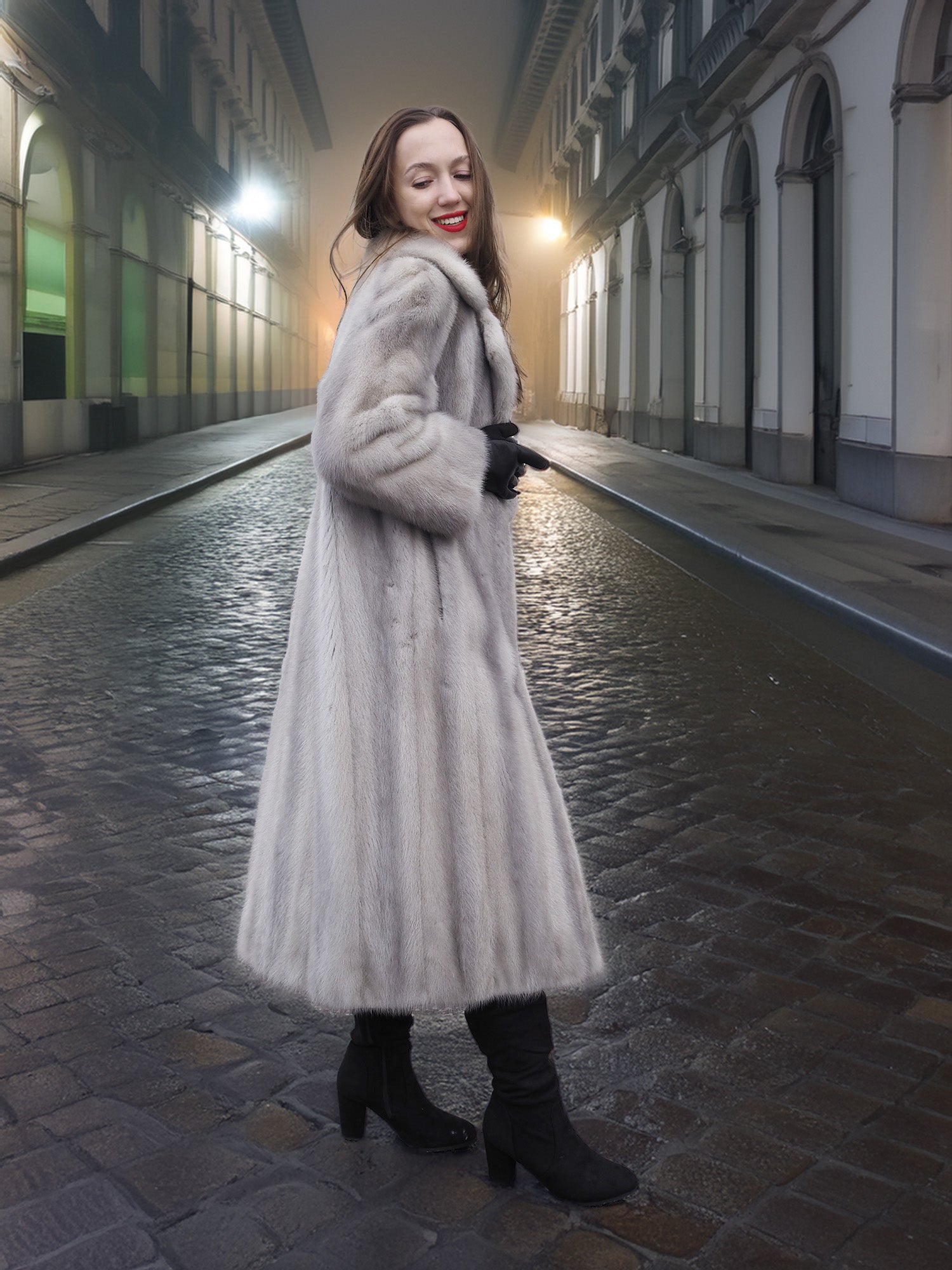 Sapphire Grey Mink Fur Coat S/M Excellent shown from the side. Elegant winter outerwear with soft sheen and tailored silhouette for stylish layering.