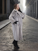 Sapphire Grey Mink Fur Coat S/M Excellent in a side profile. Sustainable fur fashion with timeless appeal and cozy warmth for winter wardrobes.