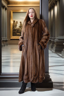 Brown full-length mink fur coat with plush collar and symmetrical front