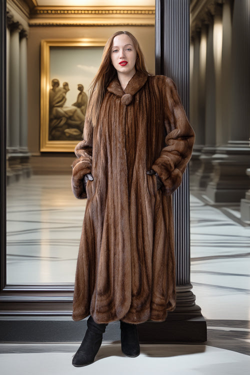 Brown full-length mink fur coat with plush collar and symmetrical front