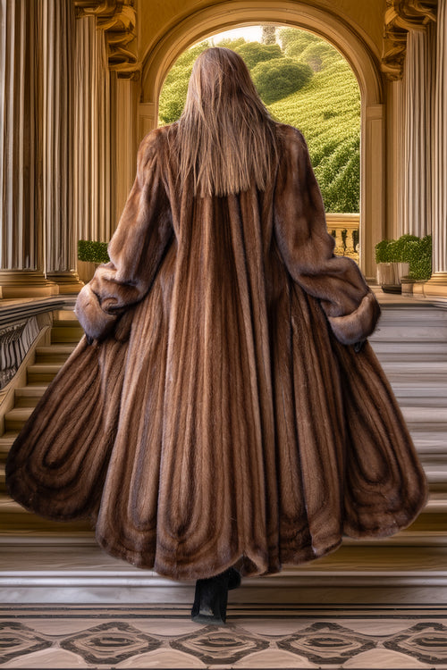 Brown full-length mink fur coat, back view, wide pleated skirt and large collar
