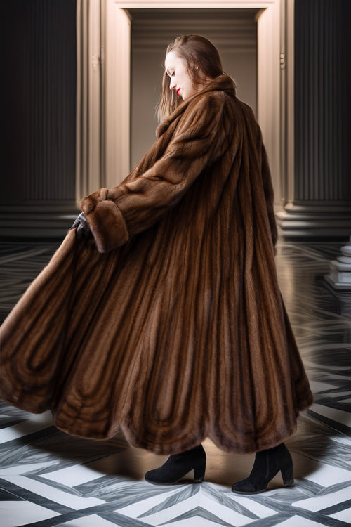 Brown mink fur full-length coat in side view, draped open front and wide shawl collar