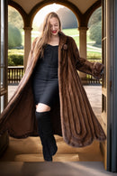 Brown mink fur coat with draped open front and circular collar detail