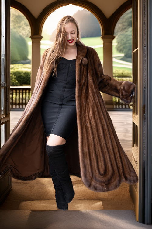 Brown mink fur coat with draped open front and circular collar detail