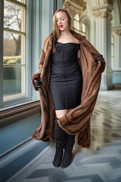 Brown mink fur full-length coat with wide shawl collar, button front, long sleeves